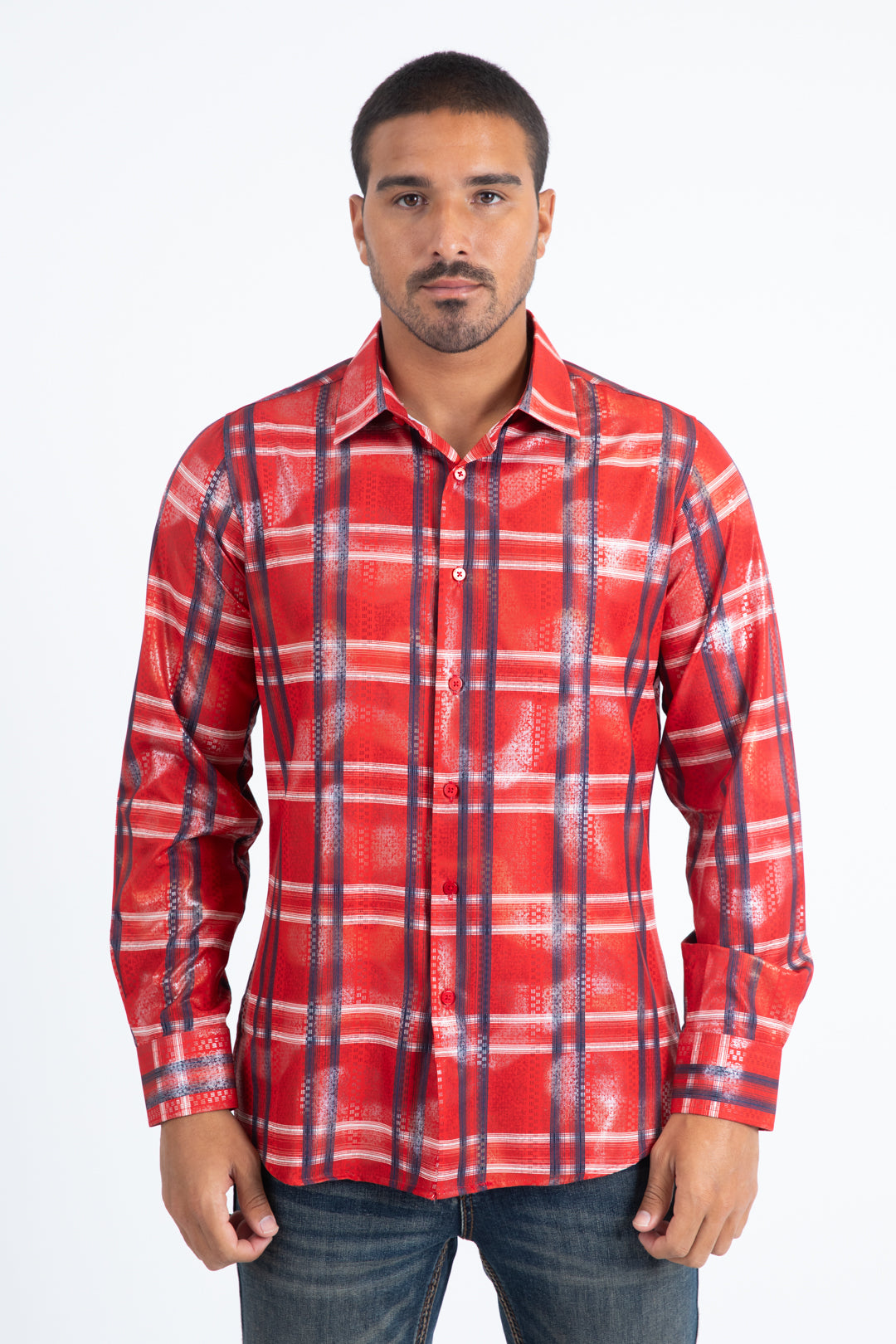 Mens Modern Fit Stretch Foil Fashion Red Shirt