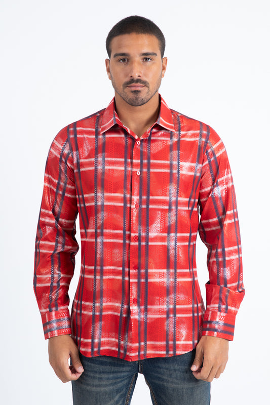 Mens Modern Fit Stretch Foil Fashion Red Shirt