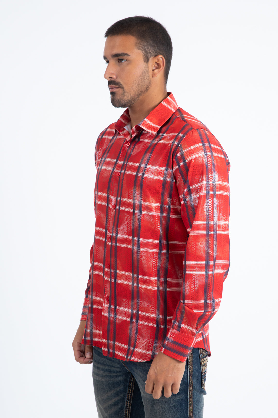 Mens Modern Fit Stretch Foil Fashion Red Shirt
