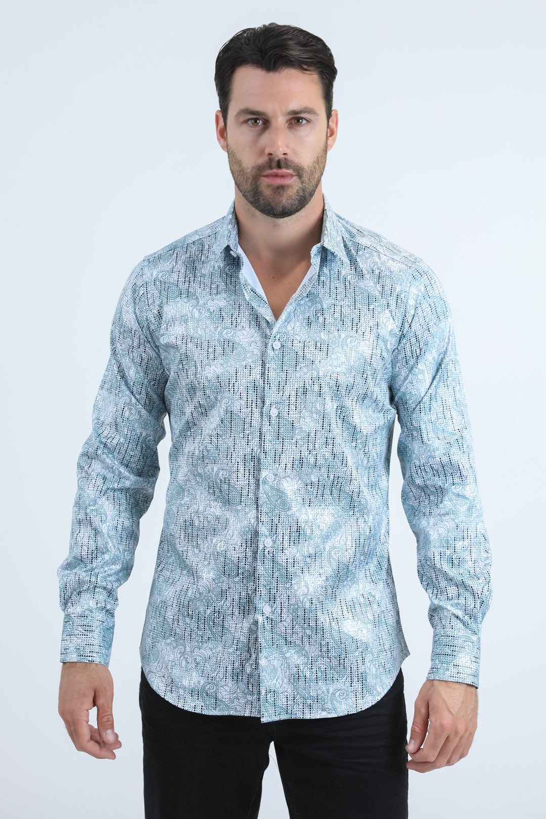 Mens Modern Fit Stretch Foil Fashion White/Blue Shirt