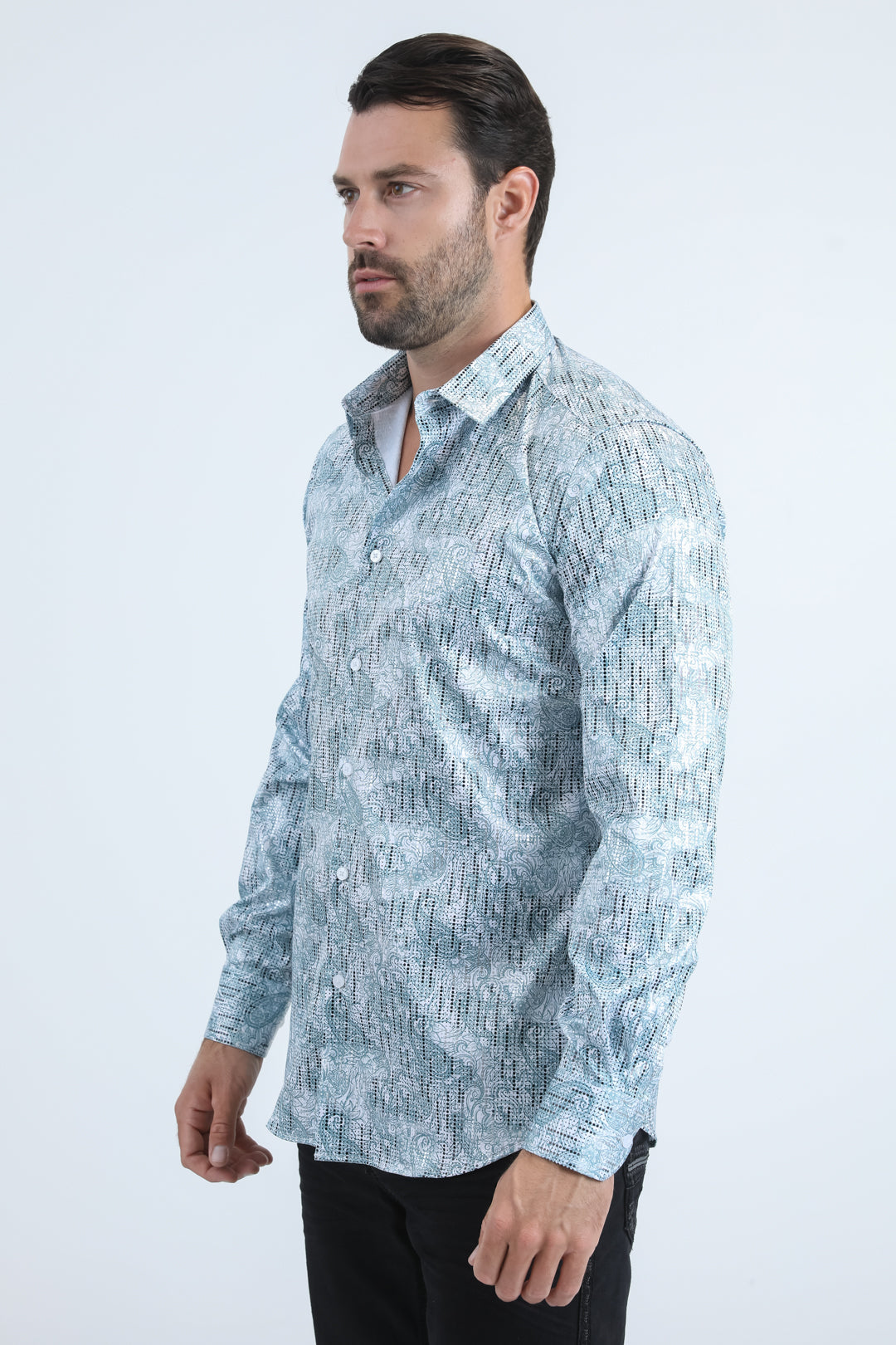 Mens Modern Fit Stretch Foil Fashion White/Blue Shirt