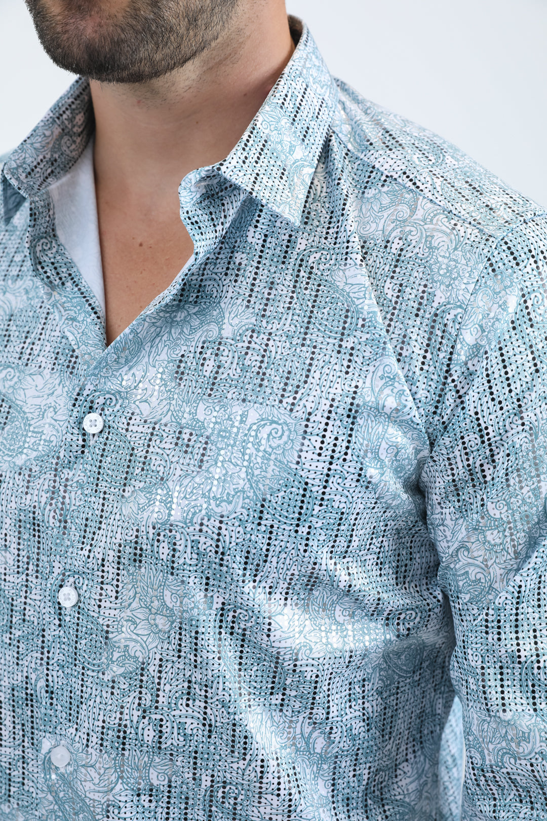 Mens Modern Fit Stretch Foil Fashion White/Blue Shirt