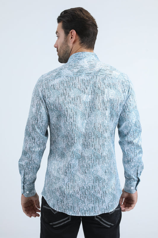 white/blue baroque motif foil shirt platini back