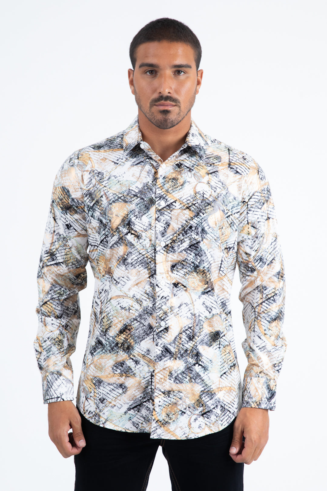 White Gold Modern Fit Stretch Foil Fashion Shirt Men