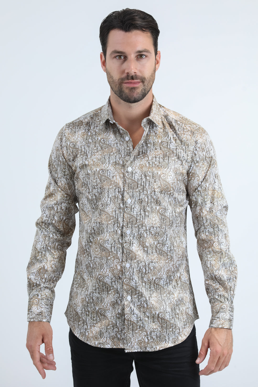 Mens Modern Fit Stretch Foil Fashion White/Gold Shirt