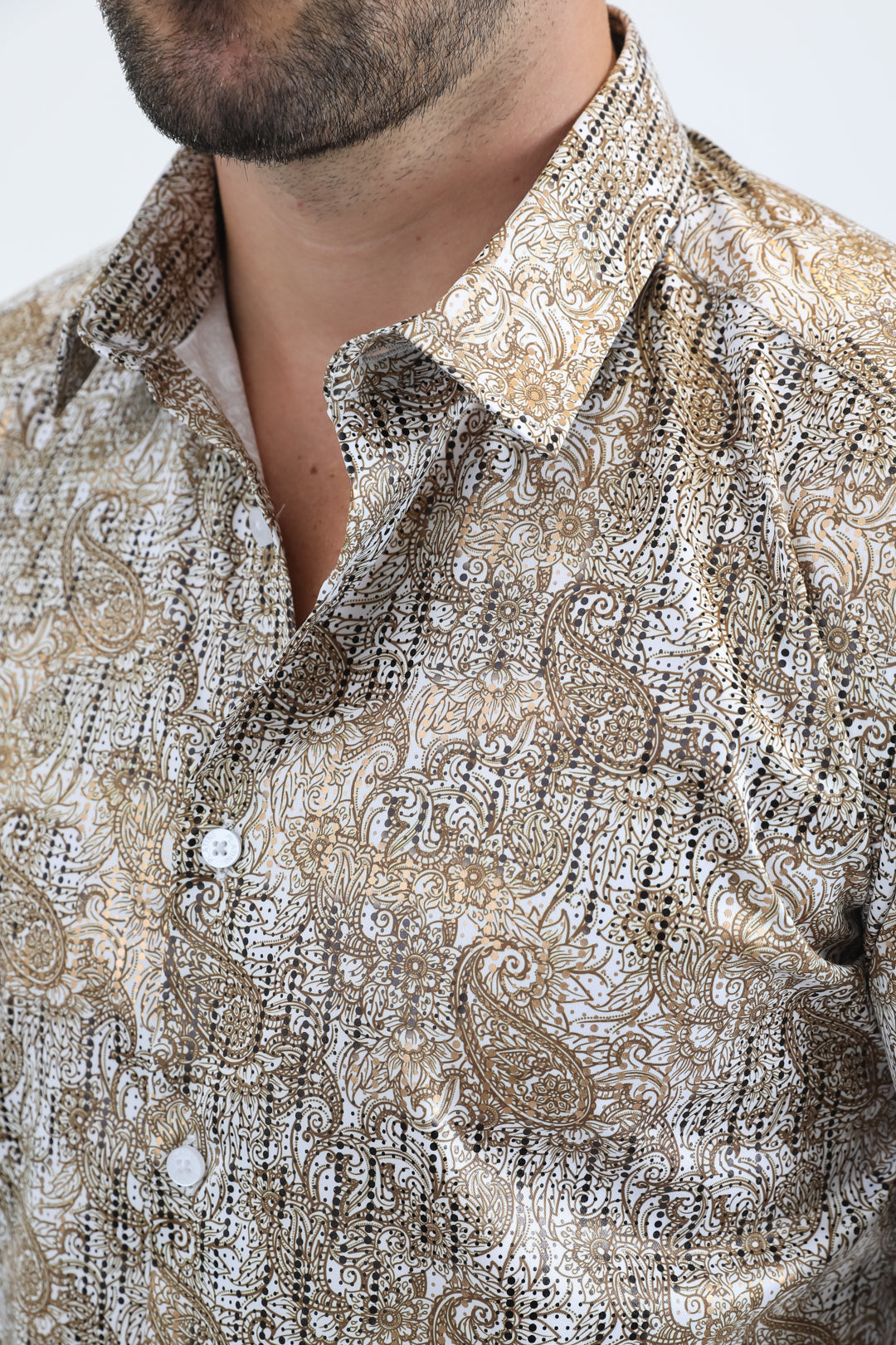 Mens Modern Fit Stretch Foil Fashion White/Gold Shirt