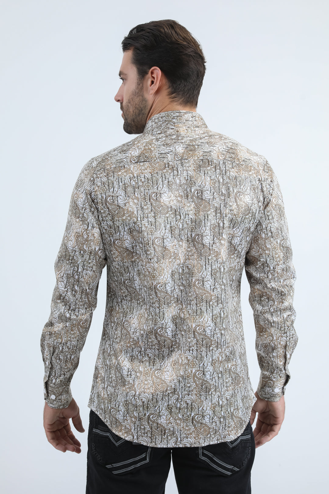 Mens Modern Fit Stretch Foil Fashion White/Gold Shirt