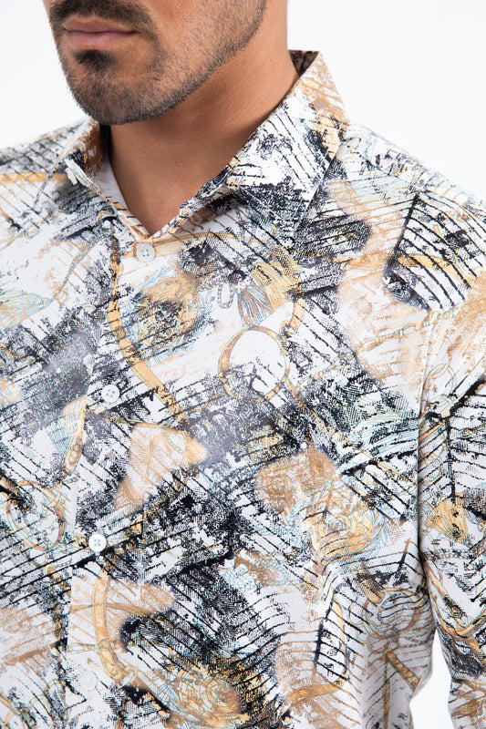 white/gold abstract organic repeat foil shirt detail platini