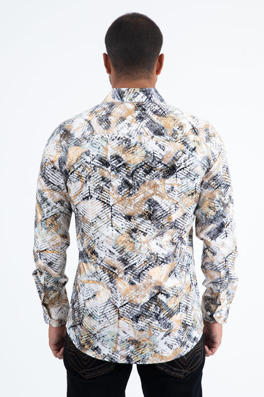 white/gold abstract organic repeat foil shirt men platini detail