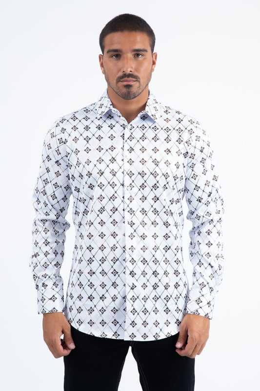 White Modern Fit Stretch Foil Fashion Shirt Men