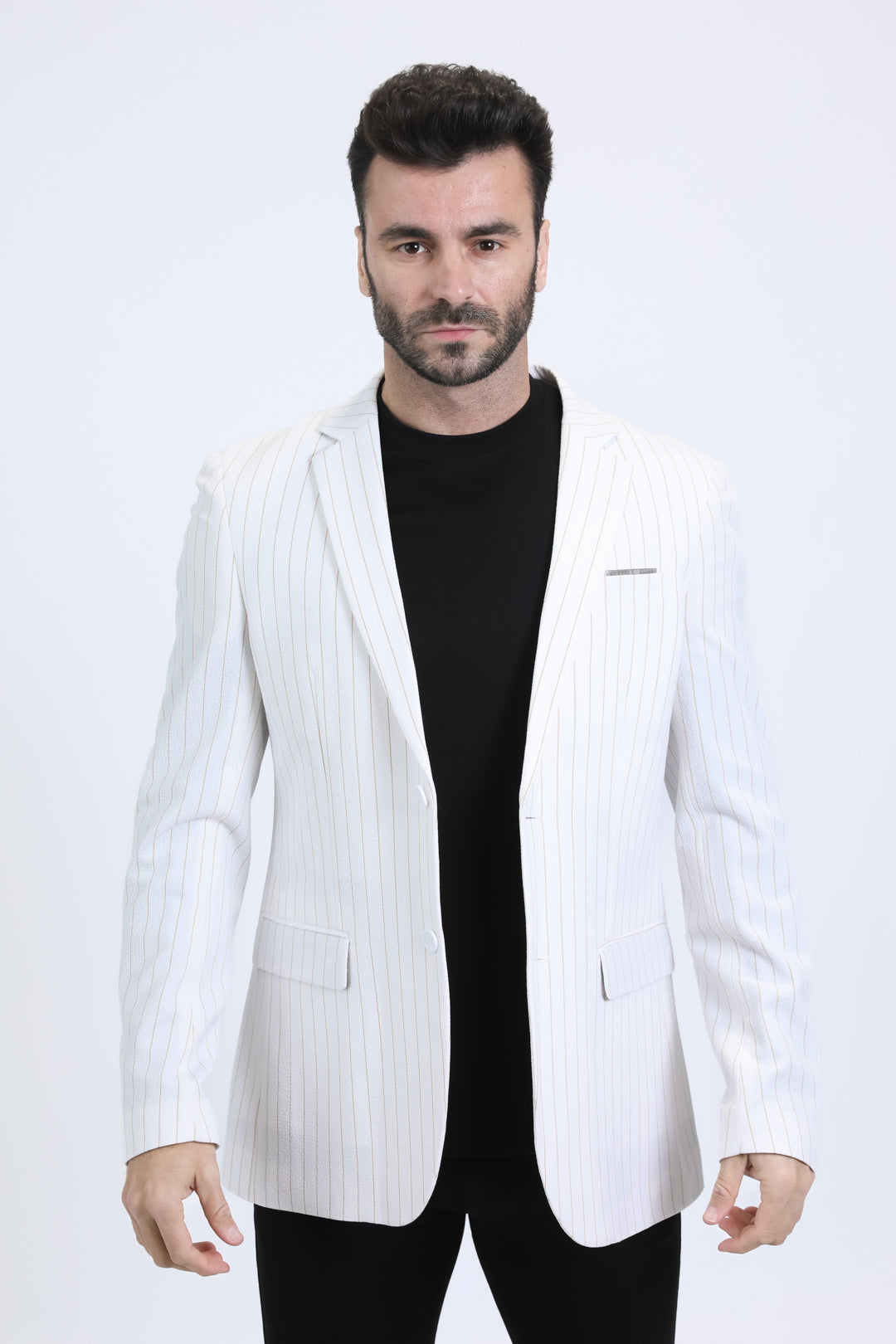 white beige pinstripe modern fit blazer men platini front