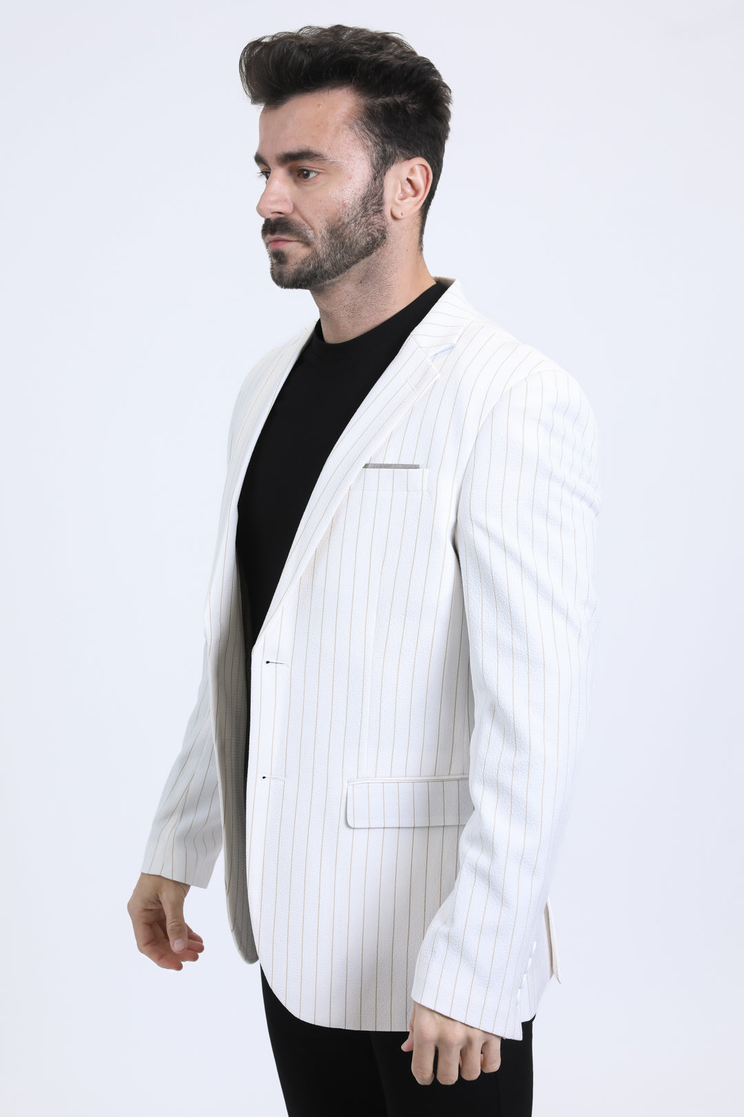 white beige pinstripe modern fit blazer men platini side
