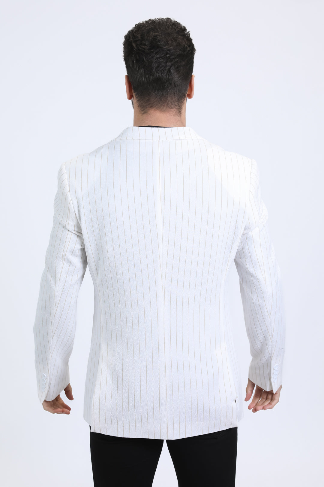 white beige pinstripe modern fit blazer men platini back
