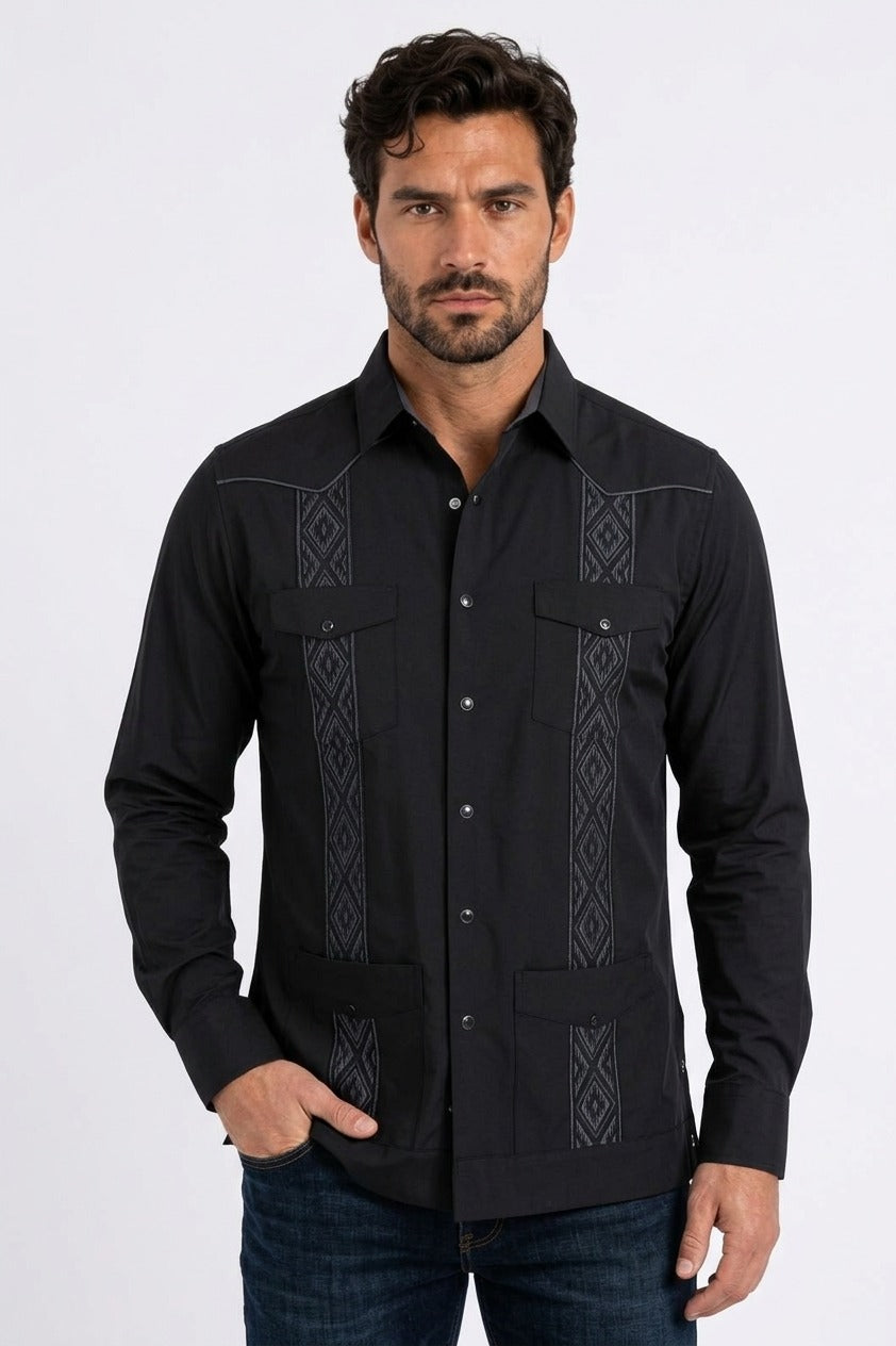 black modern guayabera long sleeve shirt men platini front