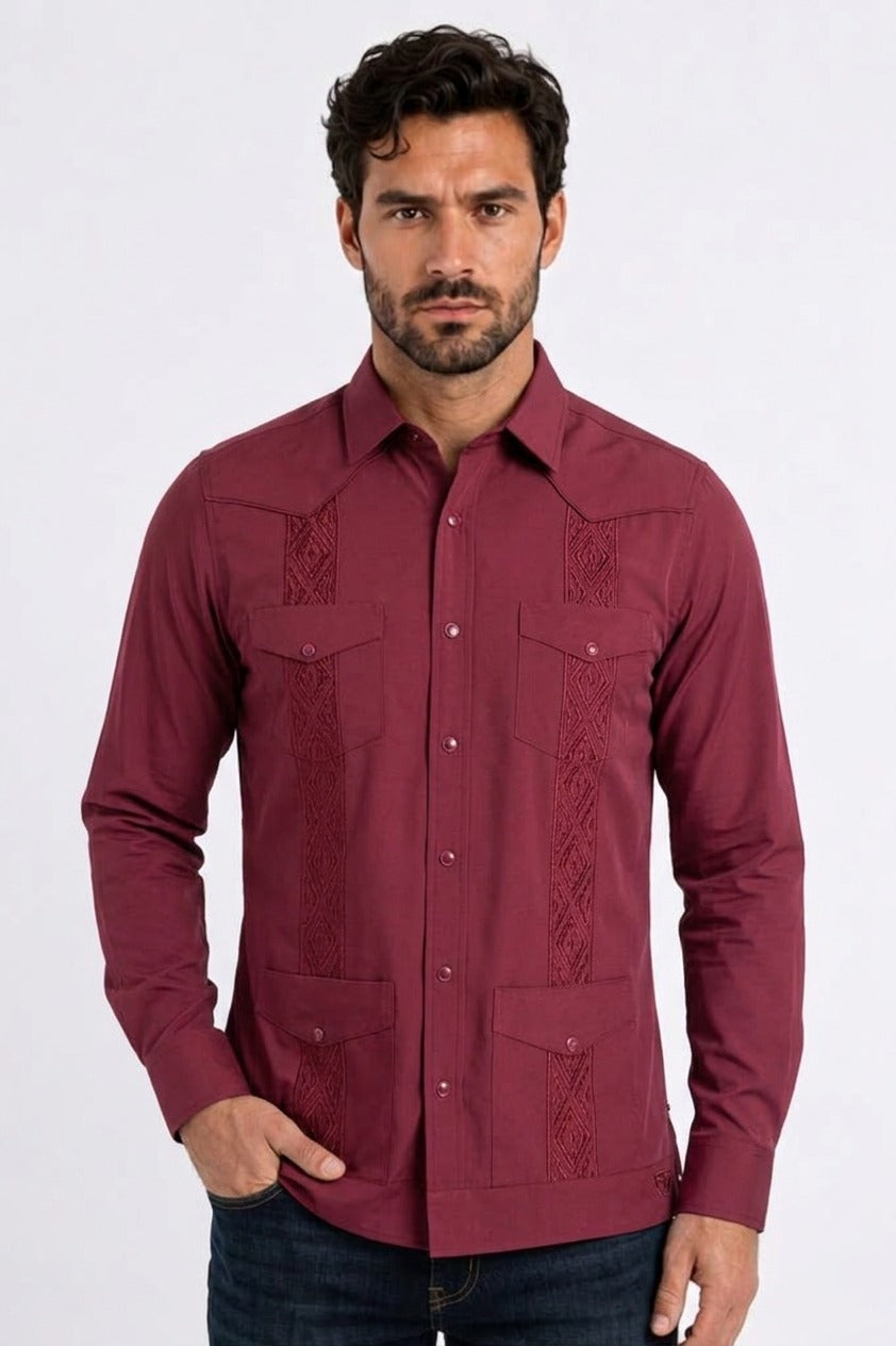 burgundy modern guayabera long sleeve shirt men platini front