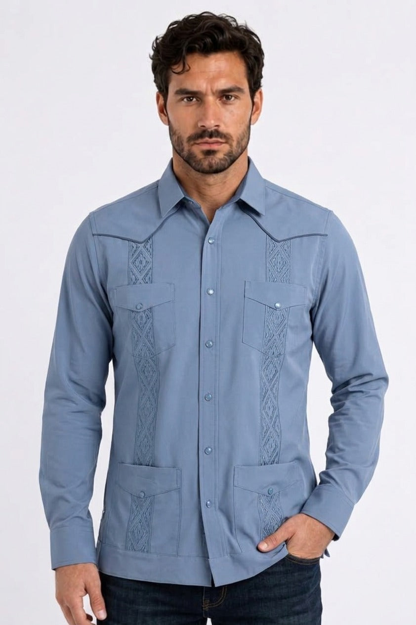 light blue modern guayabera long sleeve shirt men platini front