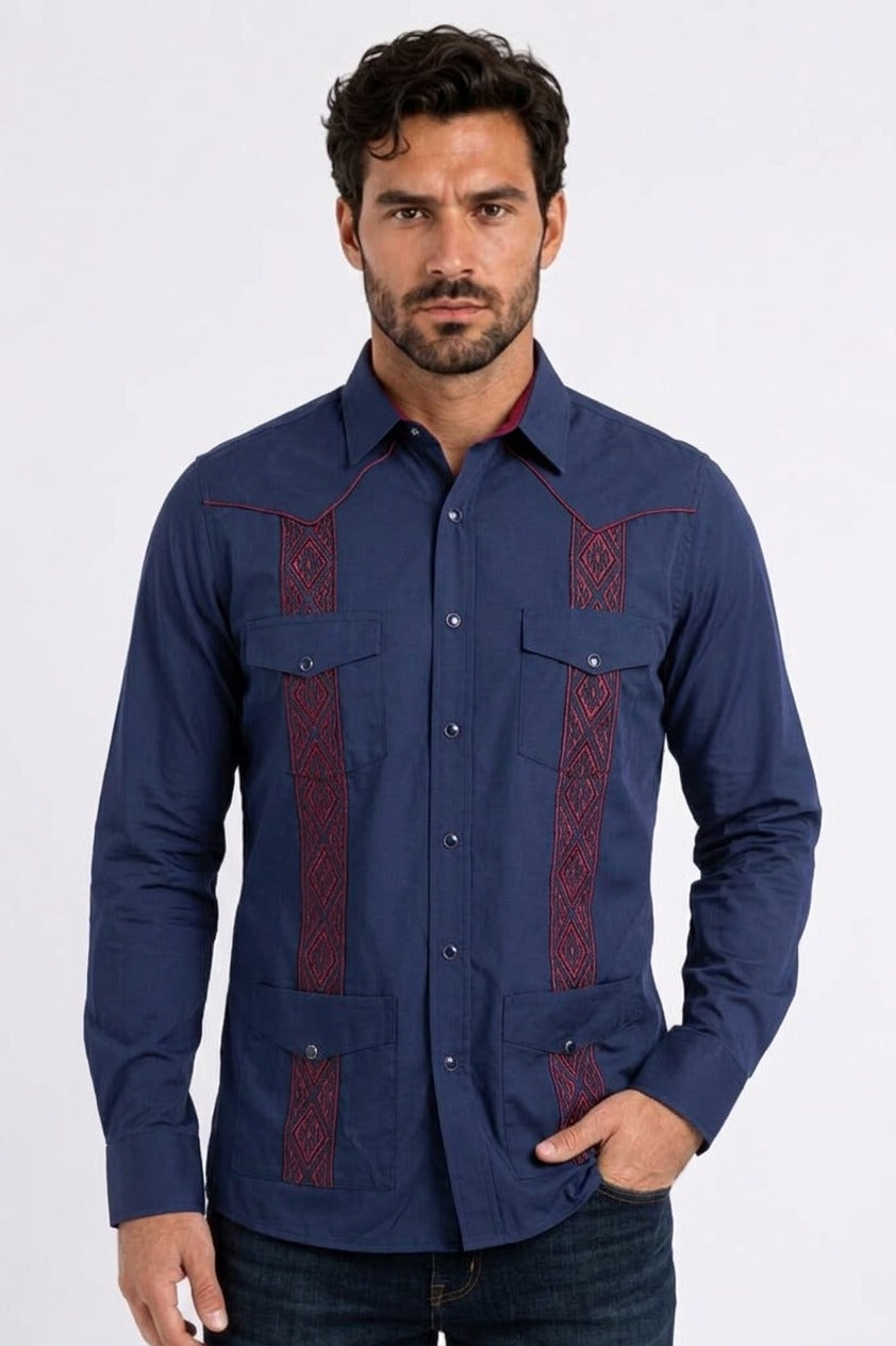 navy modern guayabera long sleeve shirt men platini front