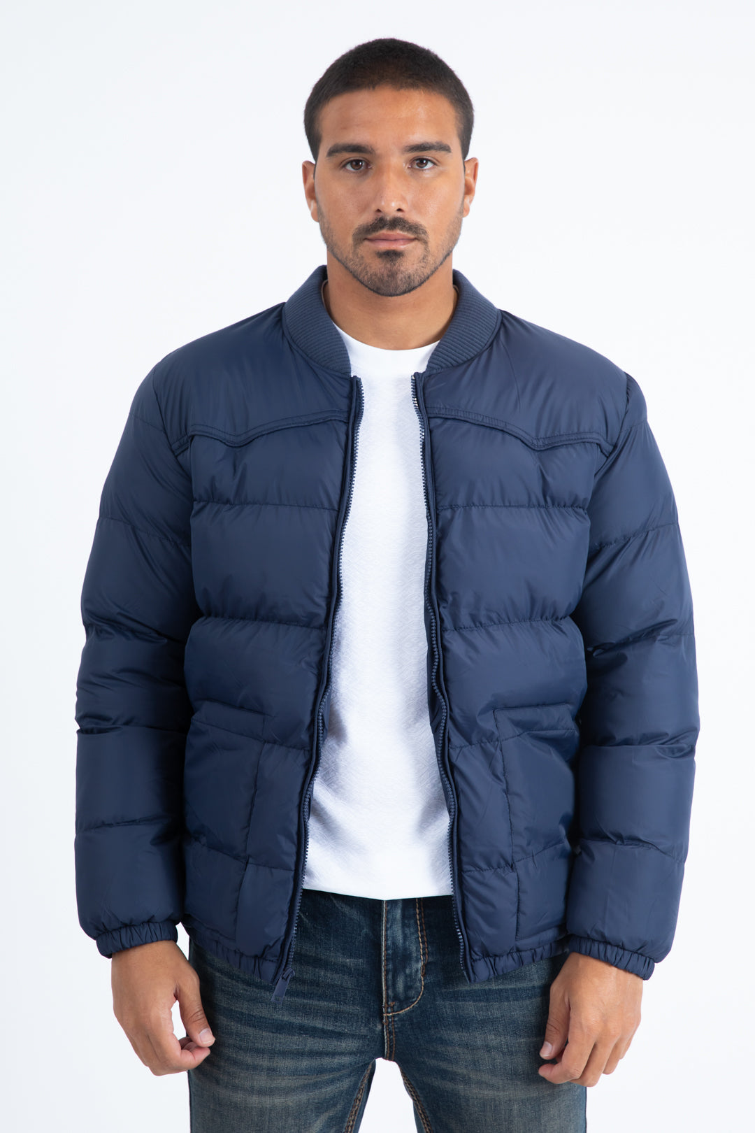Mens Navy Bubble Jacket with Rib Collar & Cuffs