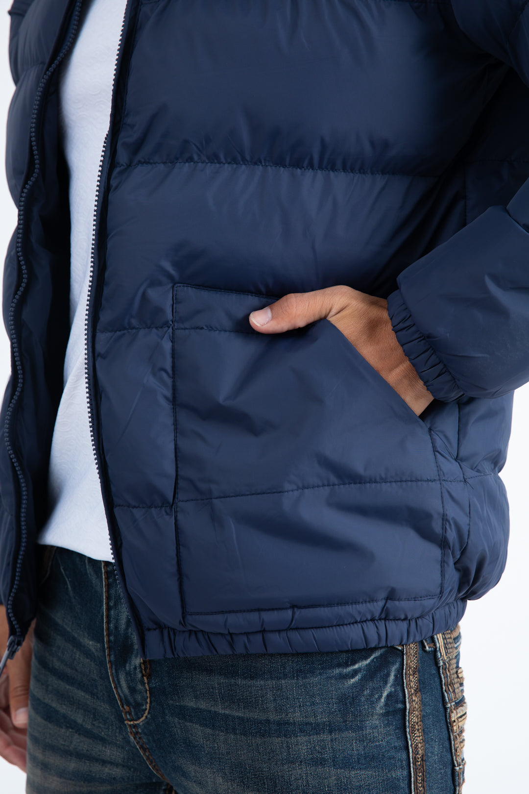 Mens Navy Bubble Jacket with Rib Collar & Cuffs