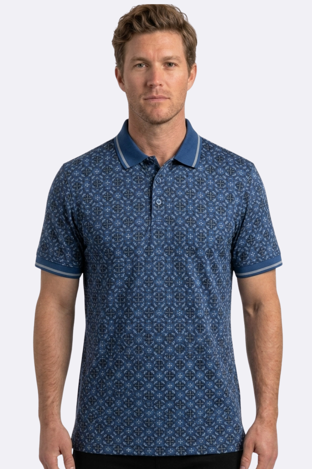 navy floral medallion print polo men platini front