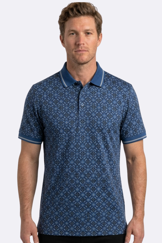 navy floral medallion print polo men platini front