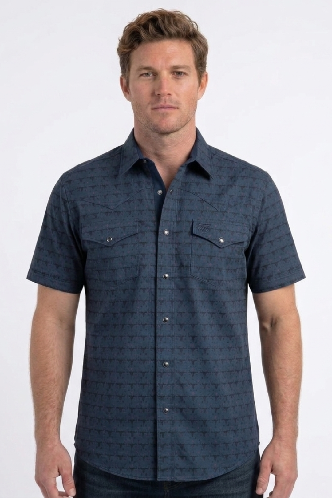 men with navy longhorn heritage western shirt front platini