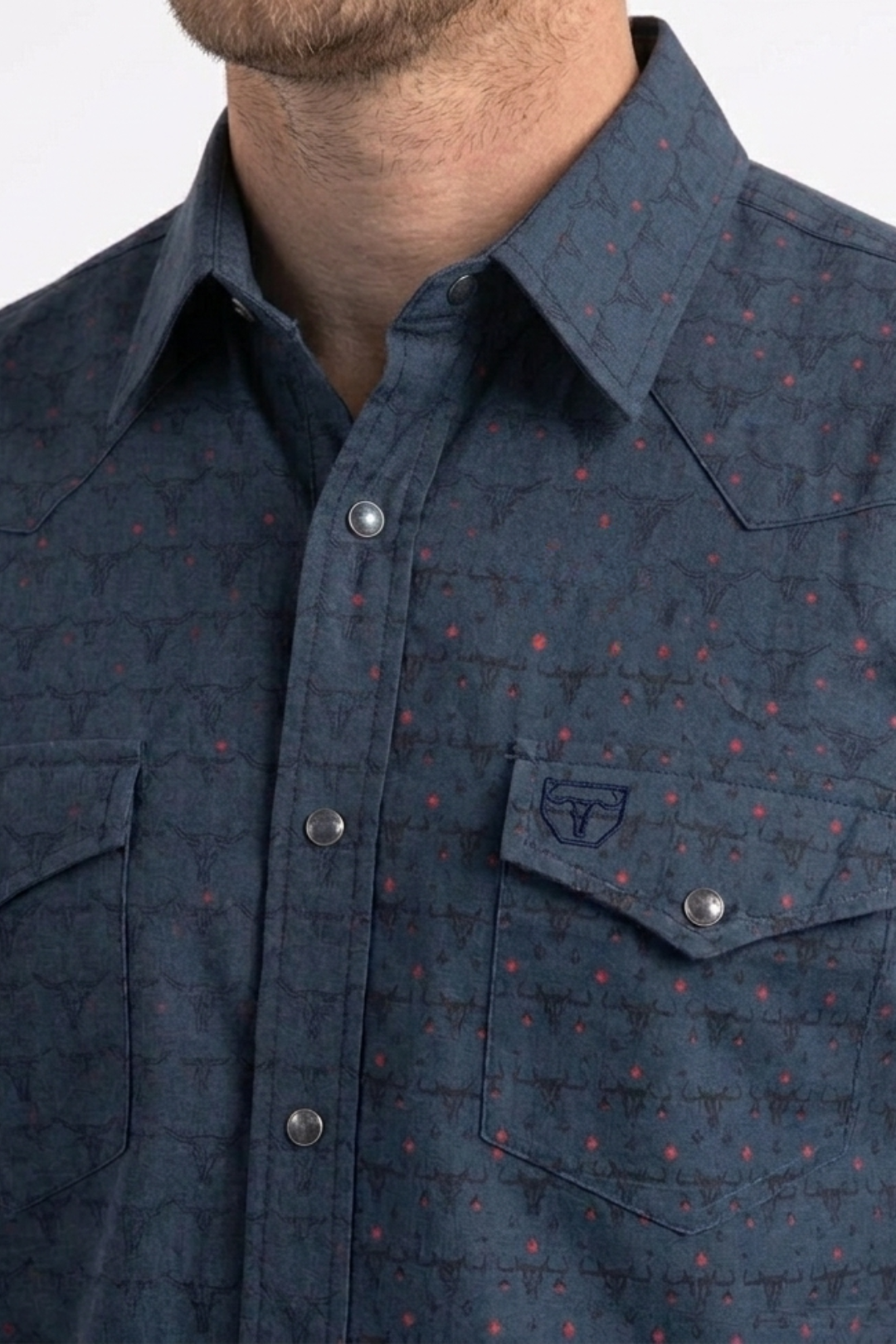 men with navy longhorn heritage western shirt detail platini