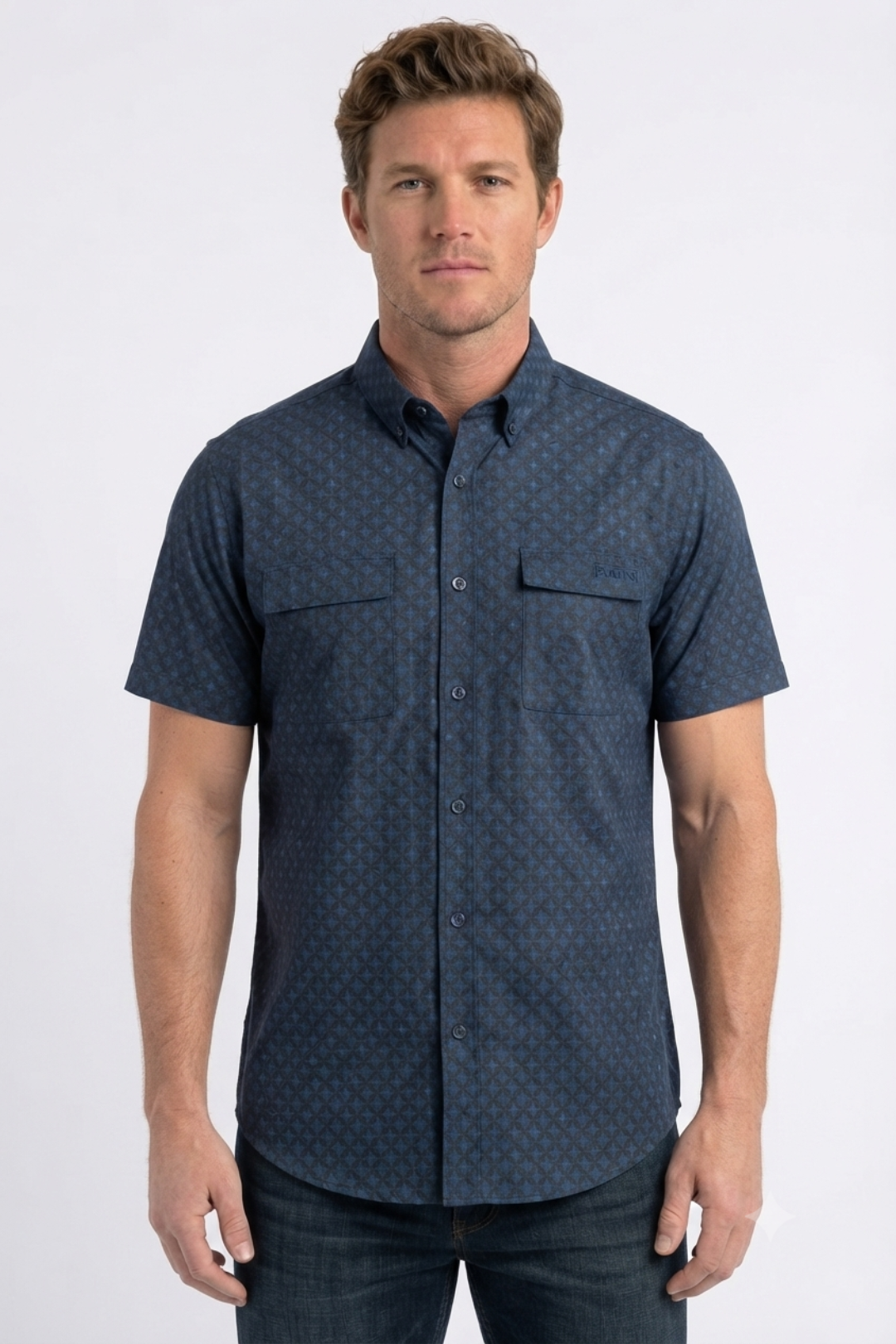 navy stylized floral print performance shirt men platini front