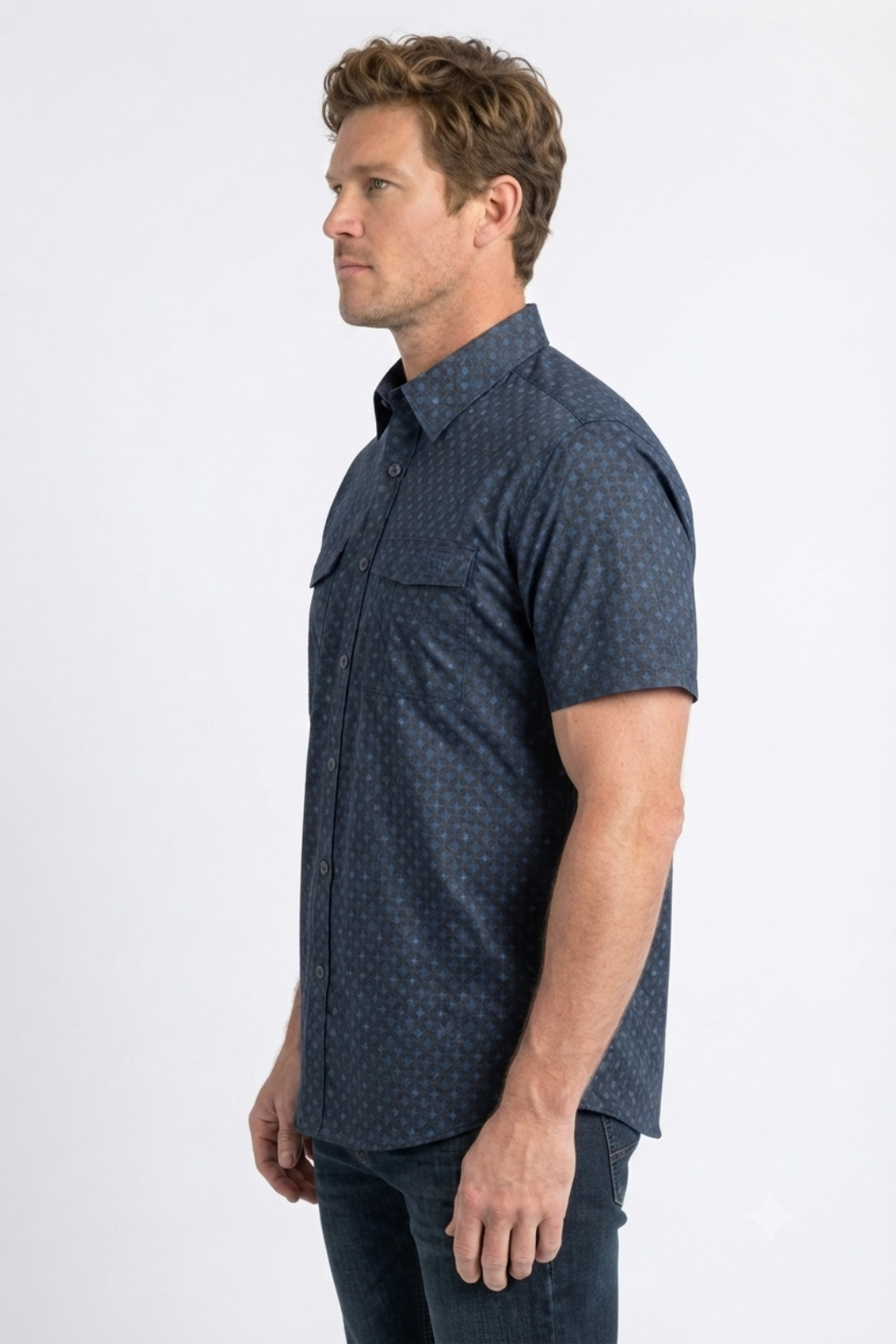 navy stylized floral print performance shirt men platini back