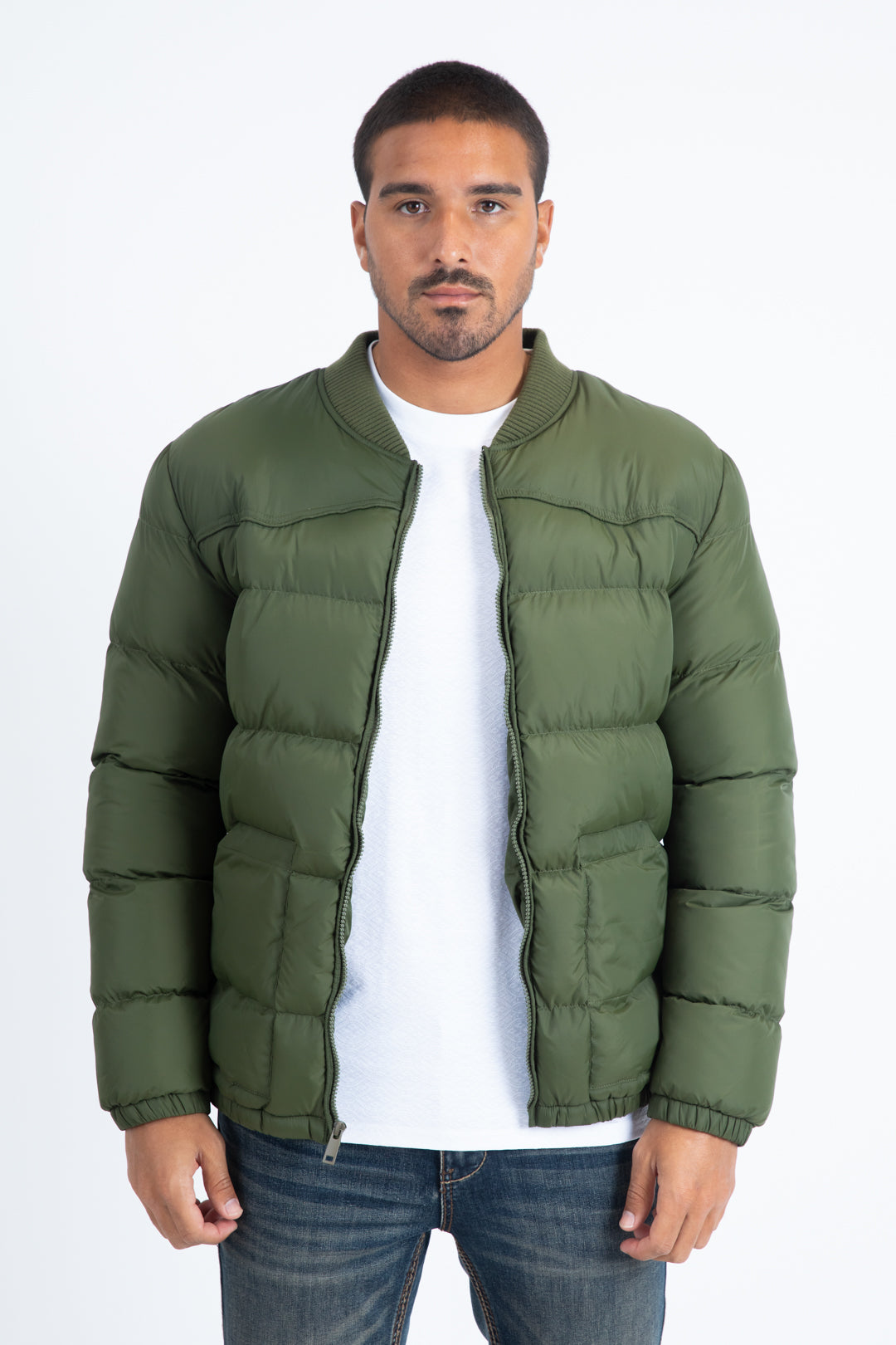 Mens Olive Bubble Jacket with Rib Collar & Cuffs