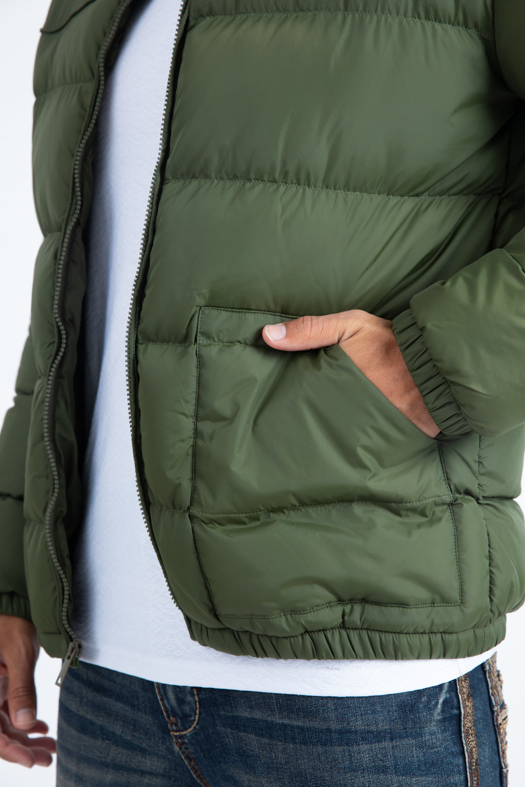 Mens Olive Bubble Jacket with Rib Collar & Cuffs
