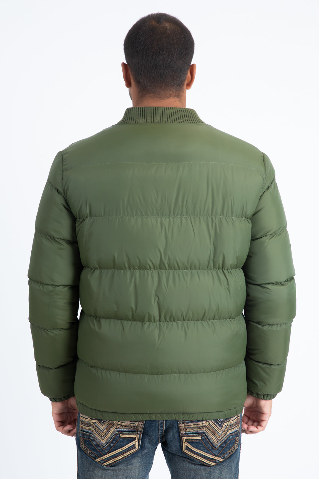 Mens Olive Bubble Jacket with Rib Collar & Cuffs