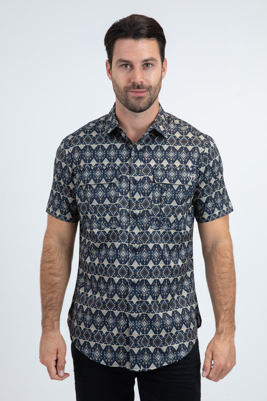 Mens Performance Classic Fit Short Sleeve Blue Shirt