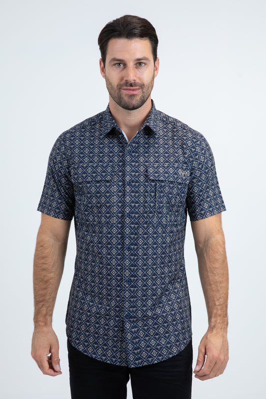 Mens Performance Classic Fit Short Sleeve Blue Shirt