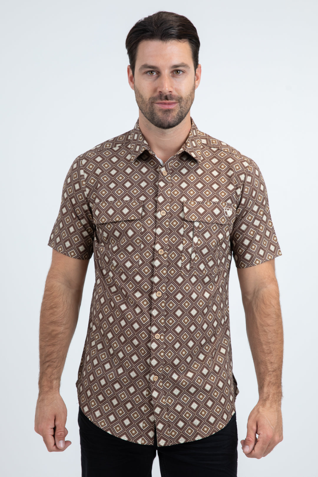 Mens Performance Classic Fit Short Sleeve Brown Shirt