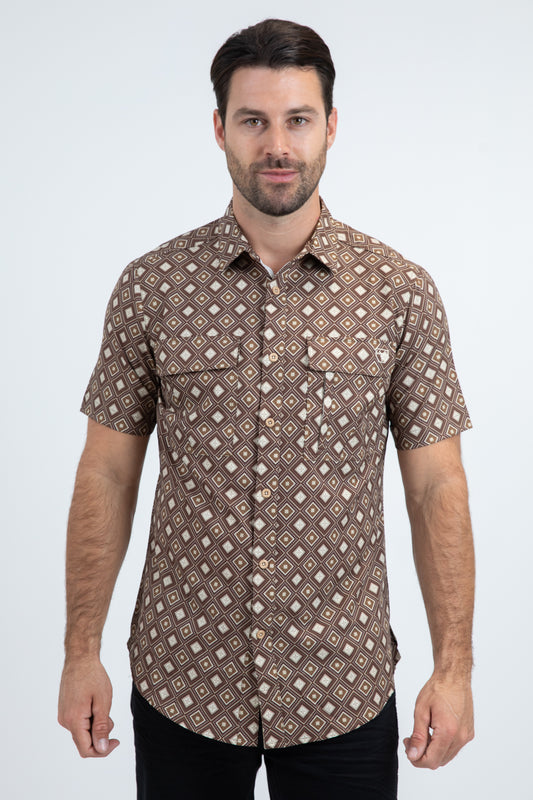 Mens Performance Classic Fit Short Sleeve Brown Shirt
