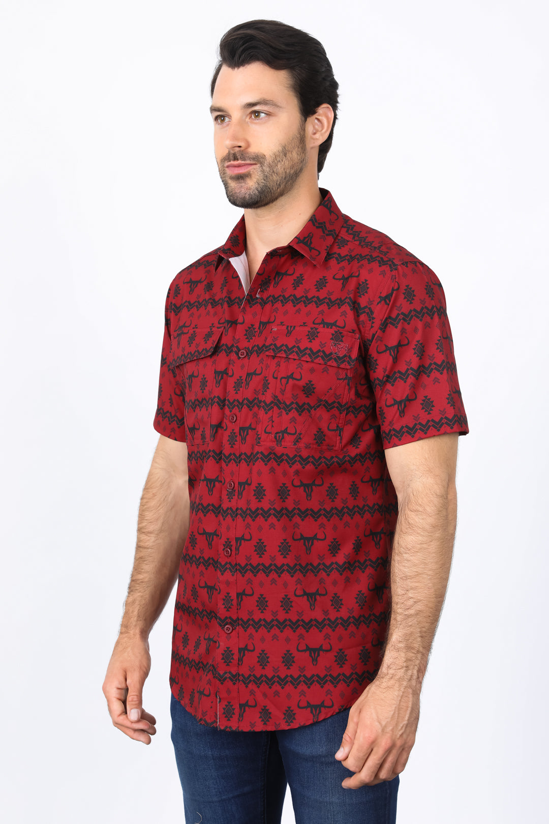 Mens Performance Classic Fit Western Red Short Sleeve Aztec Print Shirt