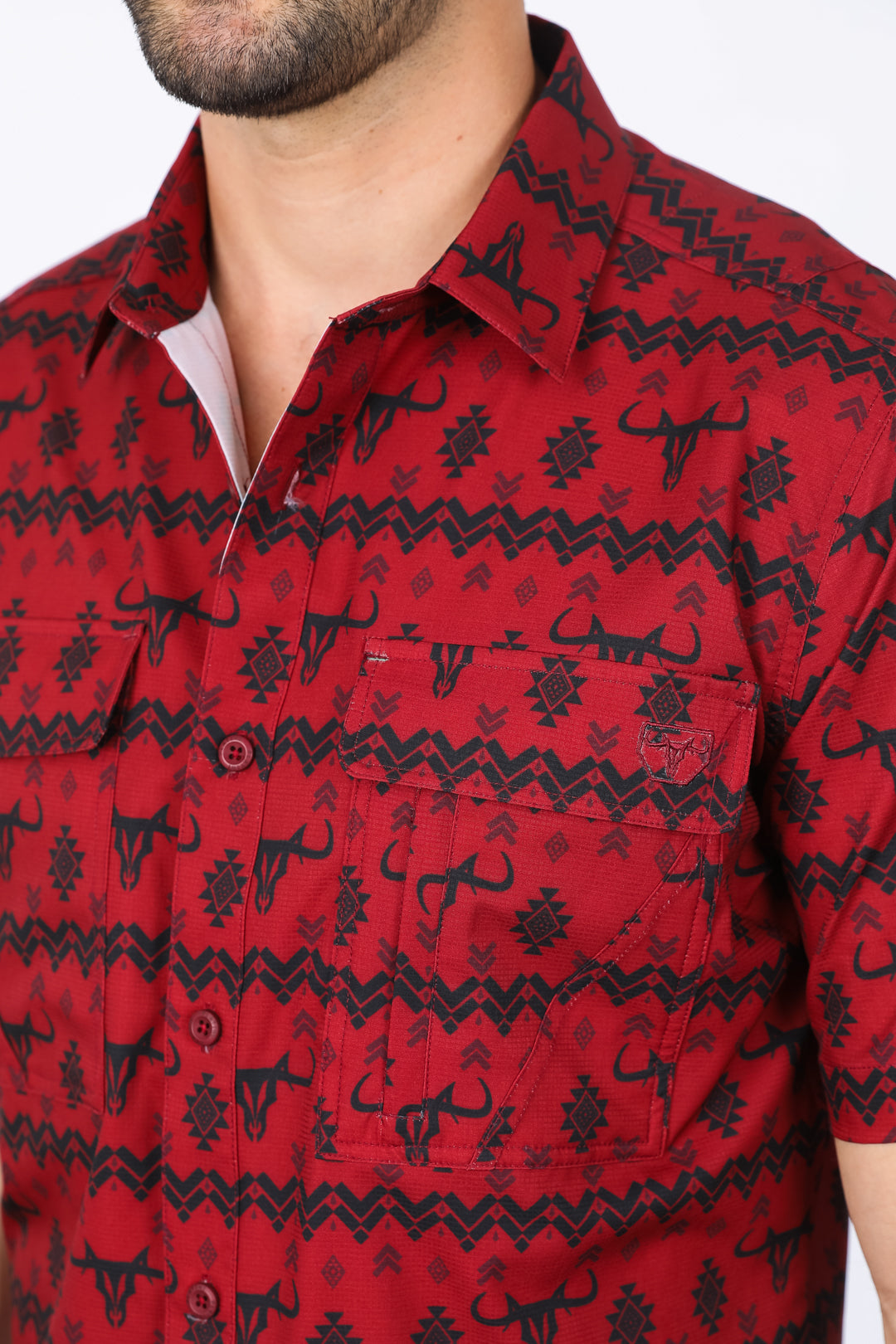 Mens Performance Classic Fit Western Red Short Sleeve Aztec Print Shirt