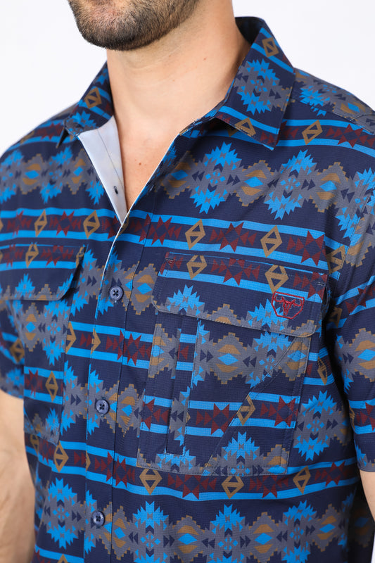 navy western aztec performance shirt men platini close-up