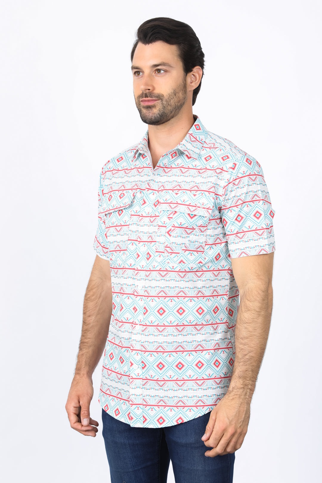 Mens Performance Classic Fit Western Short Sleeve Aztec Print White/Salmon Shirt