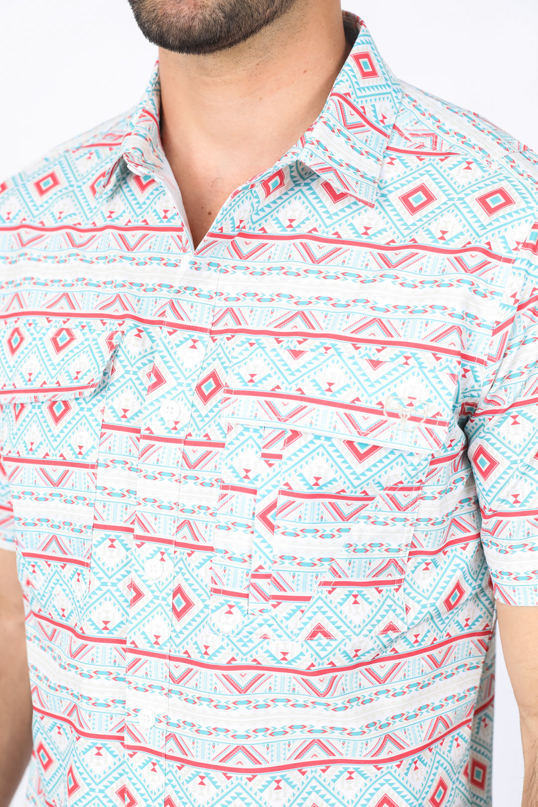 Mens Performance Classic Fit Western Short Sleeve Aztec Print White/Salmon Shirt
