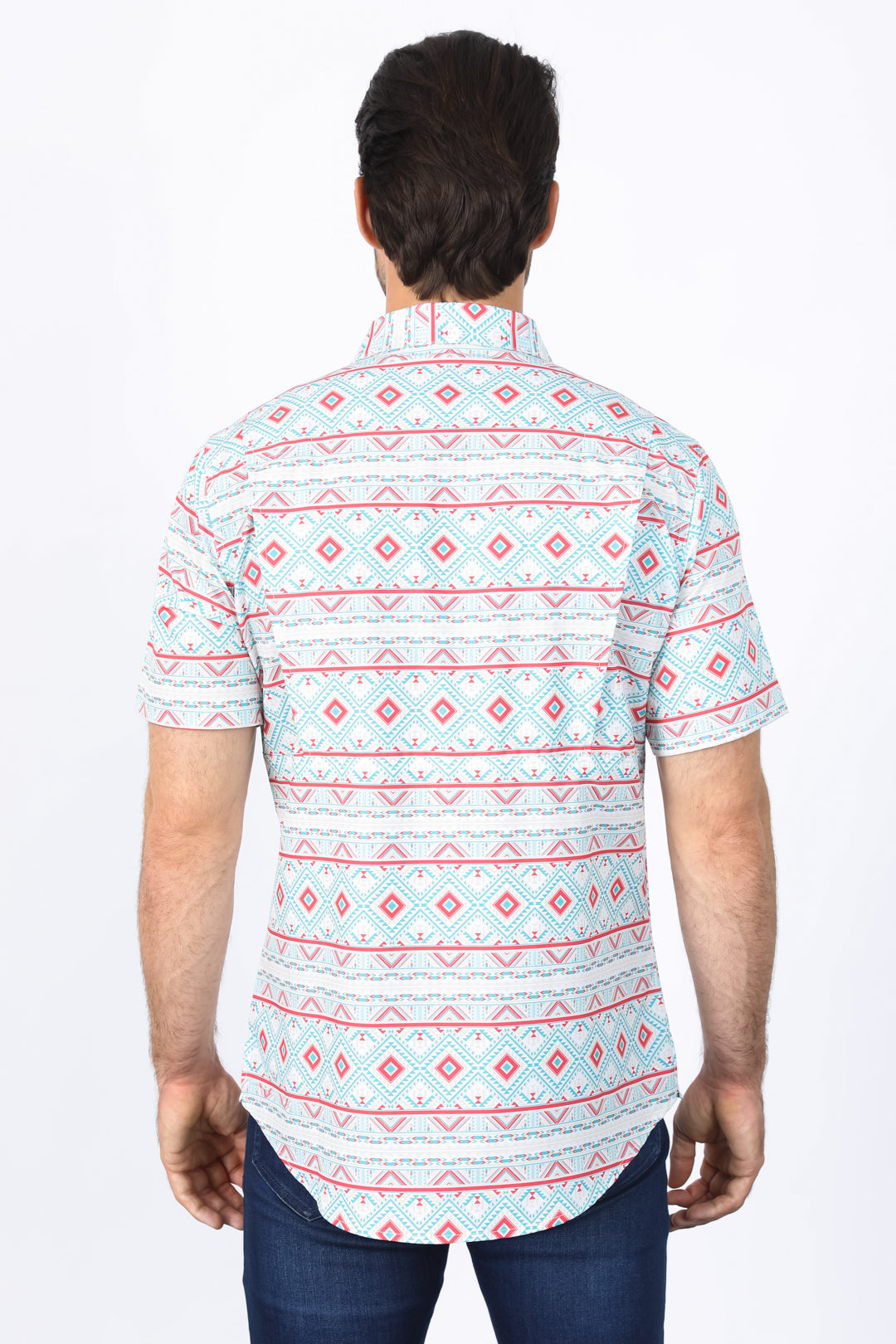 Mens Performance Classic Fit Western Short Sleeve Aztec Print White/Salmon Shirt