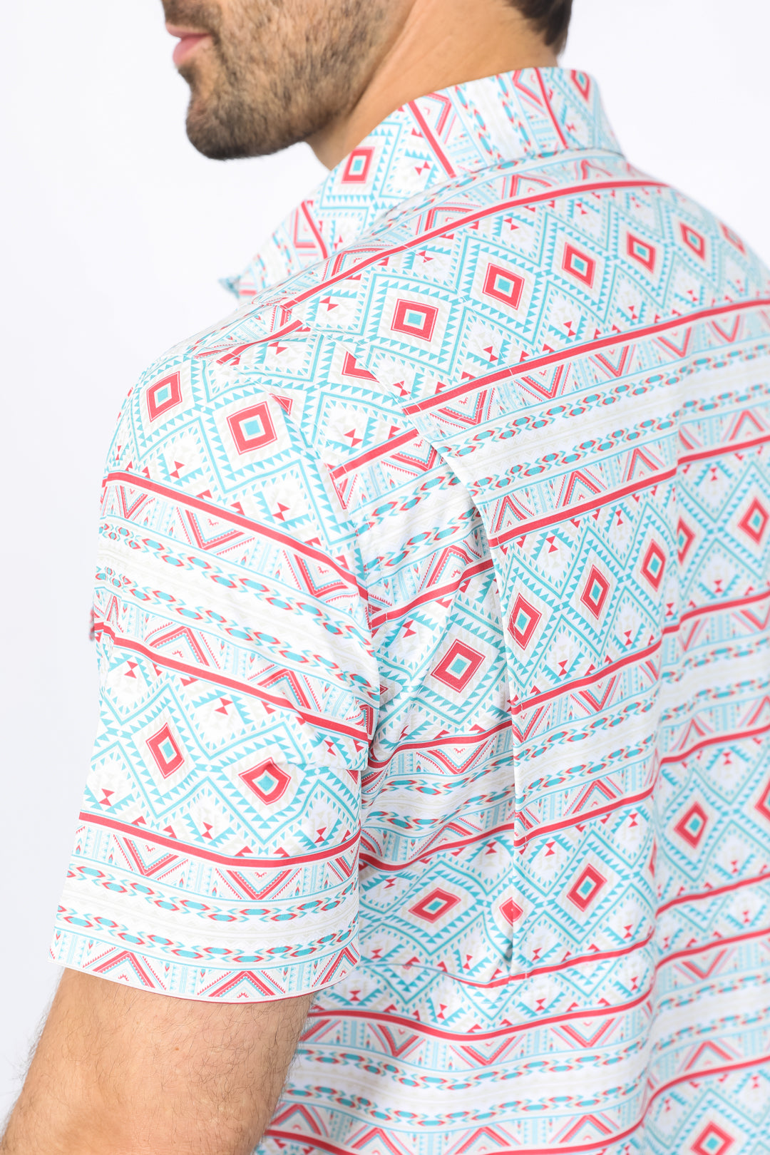 Mens Performance Classic Fit Western Short Sleeve Aztec Print White/Salmon Shirt