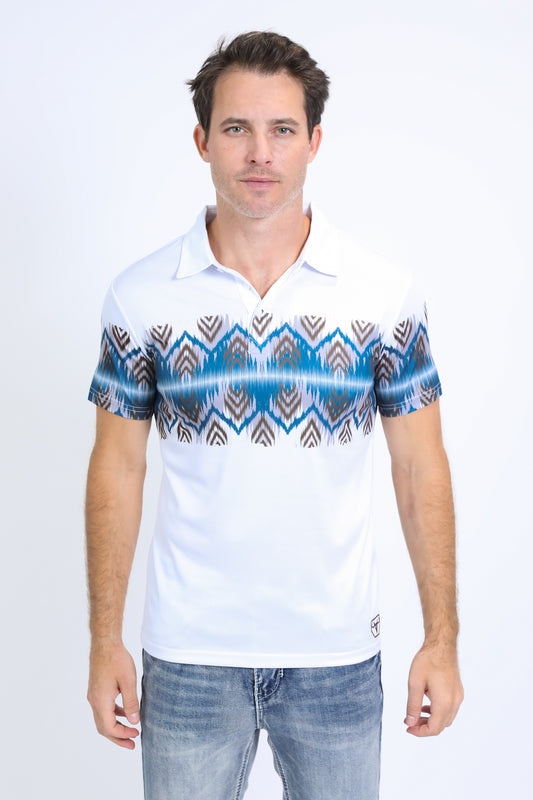 Men's Performance Fabric Aztec Panoramic Print White Polo