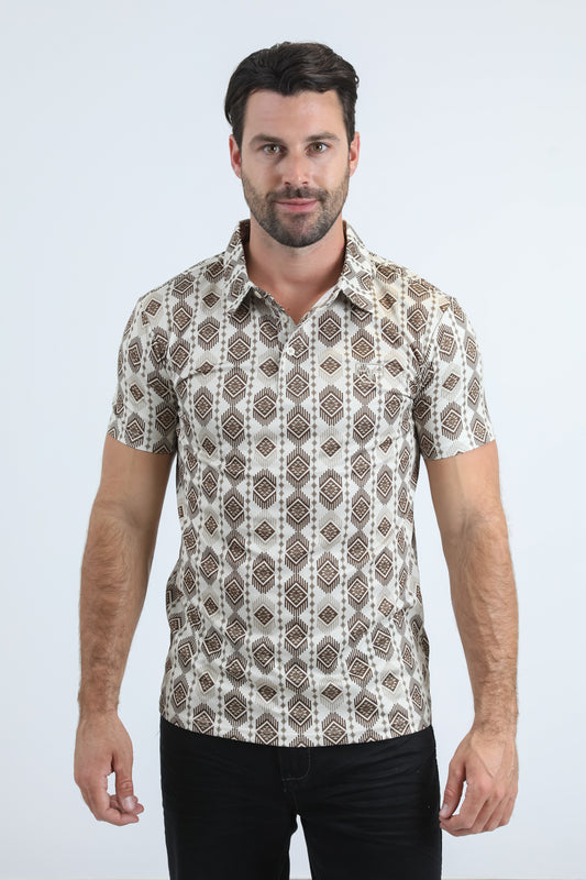 Mens Performance Fabric Modern Fit Stretch Aztec Print Beige Polo