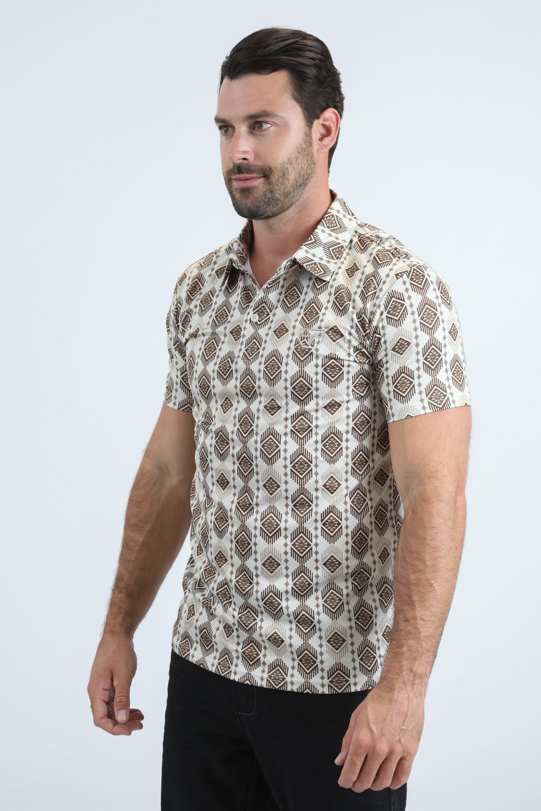 Mens Performance Fabric Modern Fit Stretch Aztec Print Beige Polo