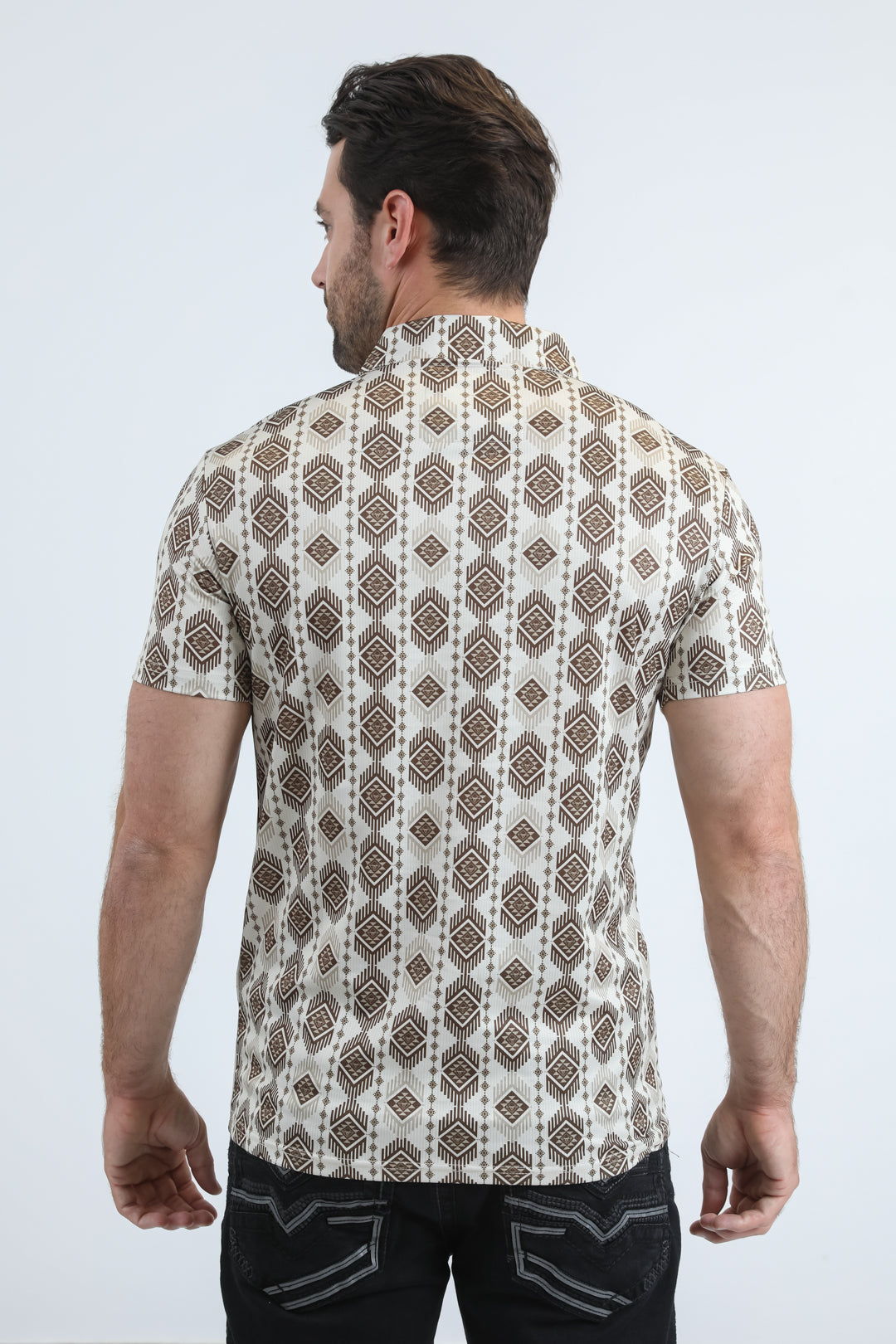 Mens Performance Fabric Modern Fit Stretch Aztec Print Beige Polo