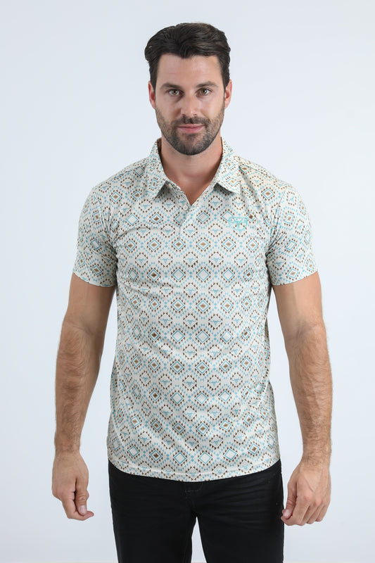 Mens Performance Fabric Modern Fit Stretch Aztec Print Beige Polo