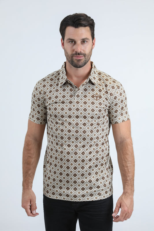 Mens Performance Fabric Modern Fit Stretch Aztec Print Beige Polo