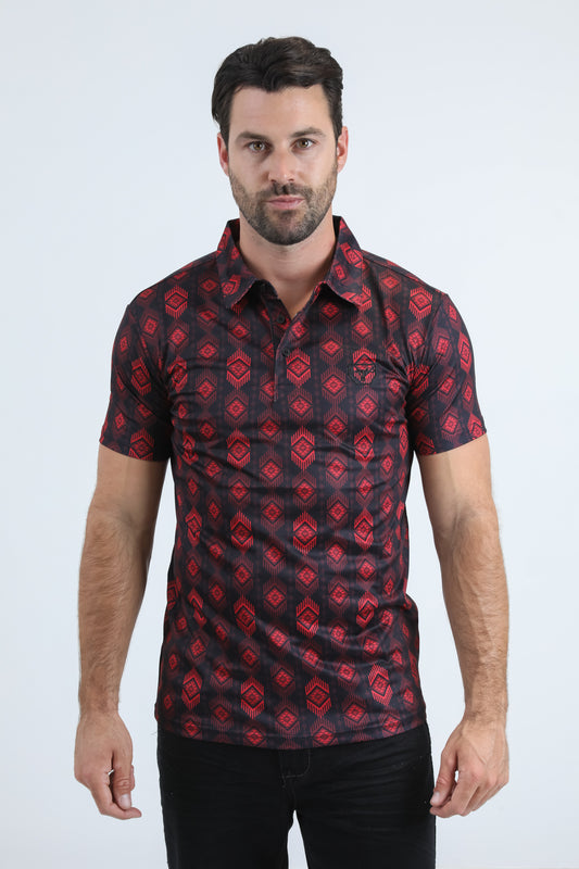 Mens Performance Fabric Modern Fit Stretch Aztec Print Black Polo